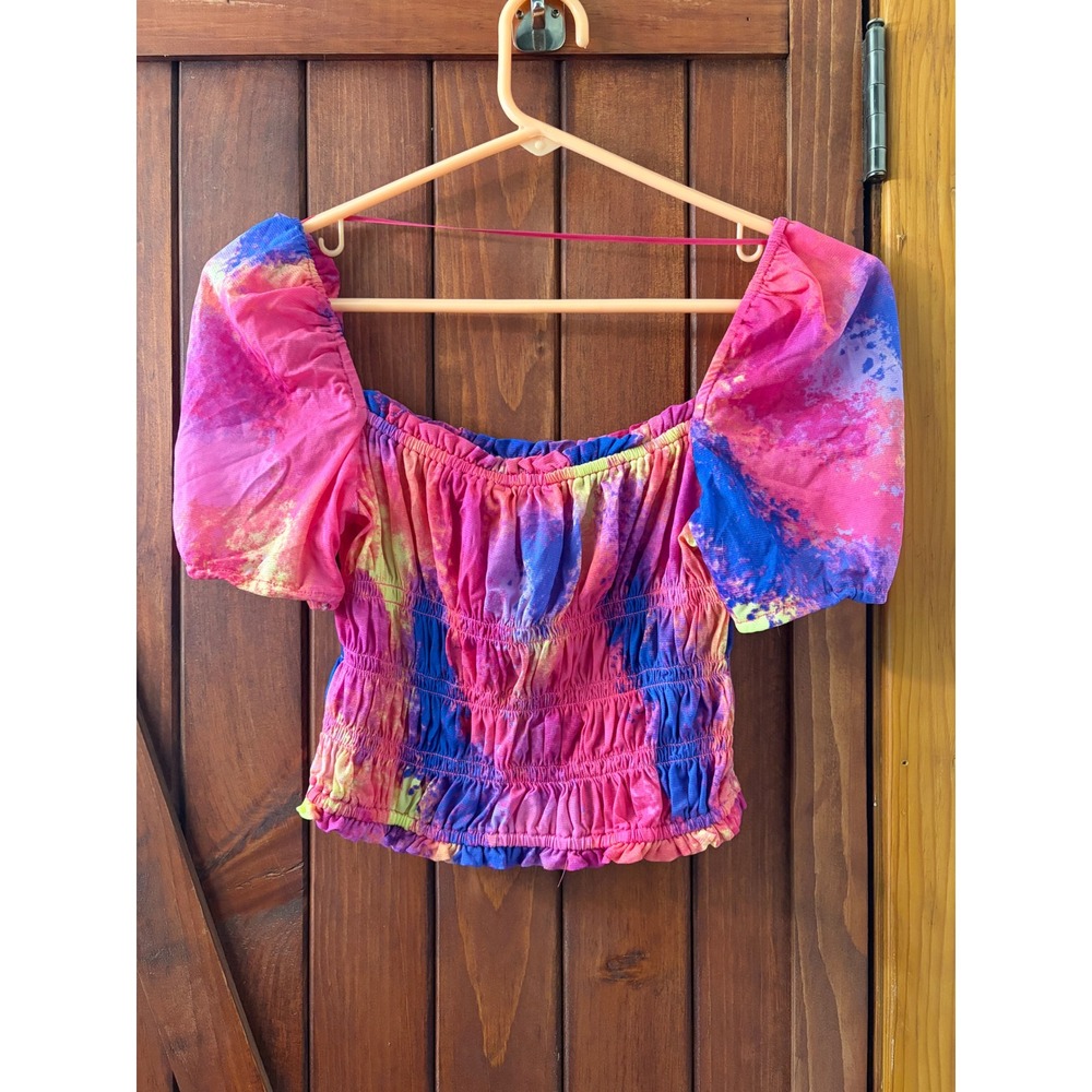 Bar III‎ Women Tie Dye Smocked Puff Sleeve Crop Top Pink Blue XS - Picture 2 of 4